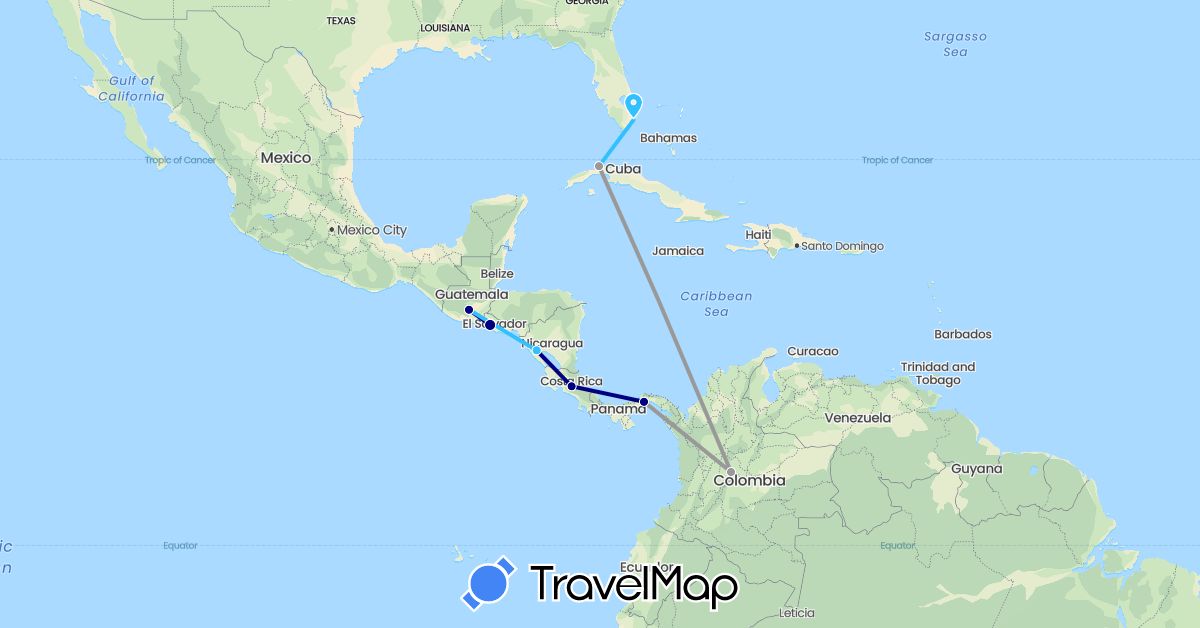 TravelMap itinerary: driving, plane, boat in Colombia, Costa Rica, Cuba, Guatemala, Nicaragua, Panama, El Salvador, United States (North America, South America)